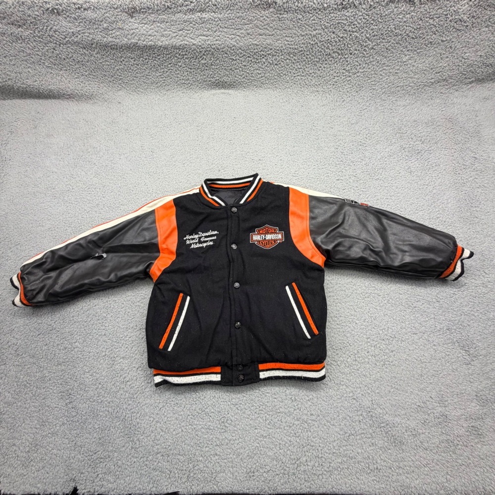 Harley-Davidson Kids 7 Black Orange Wool Faux Leather Reversible Varsity Jacket